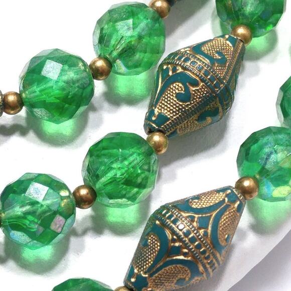 Vintage Green Gold Art Beads Necklace, Three Strands, 19 Inches - Picture 5 of 10